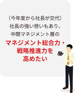 （今年度から社長が交代）社長の強い想いもあり、中間マネジメント層のマネジメント総合力・戦略推進力を高めたい