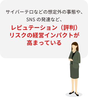 サイバーテロなどの想定外の事態や、SNSの発達など、レピュテーション（評判）リスクの経営インパクトが高まっている